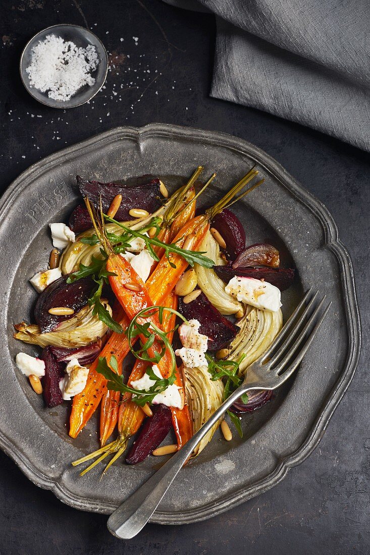 Roasted vegetable salad with buffalo mozzarella and arugula