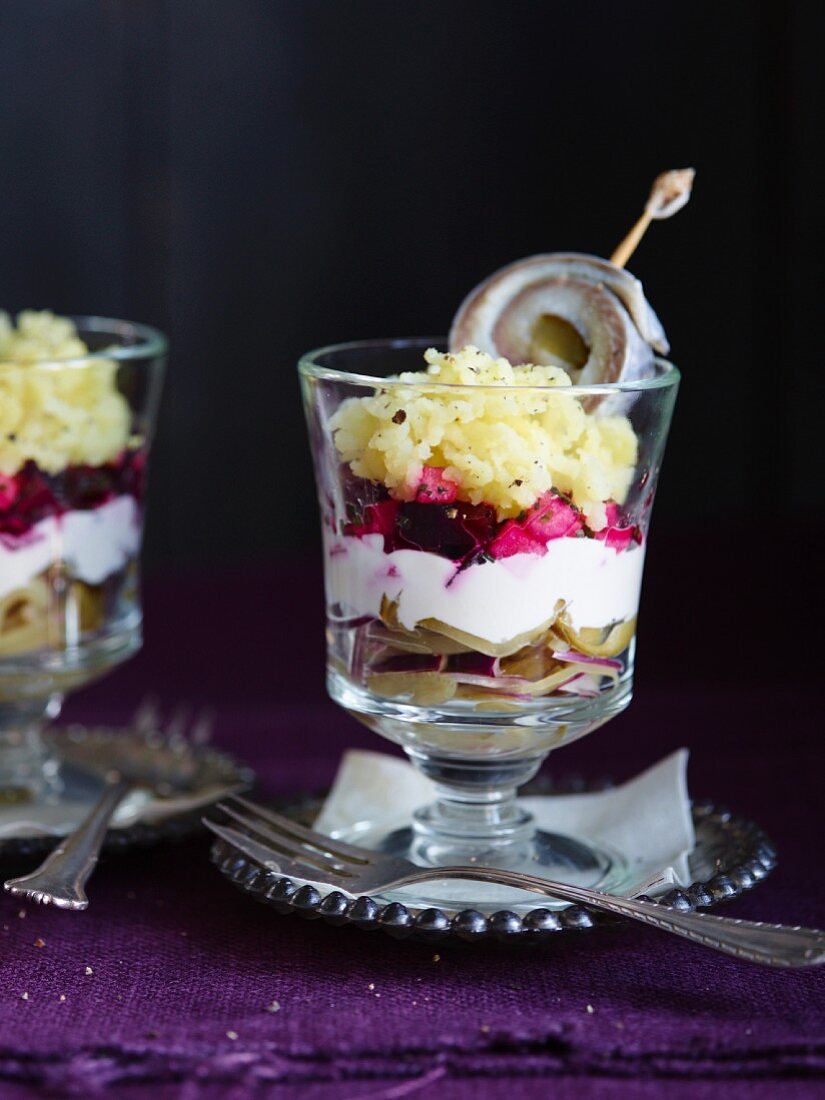 Russian herring trifle in a glass