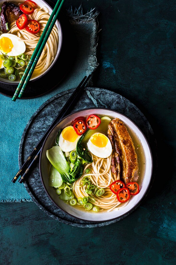 Pork miso soup with ramen, pork belly and vegetables