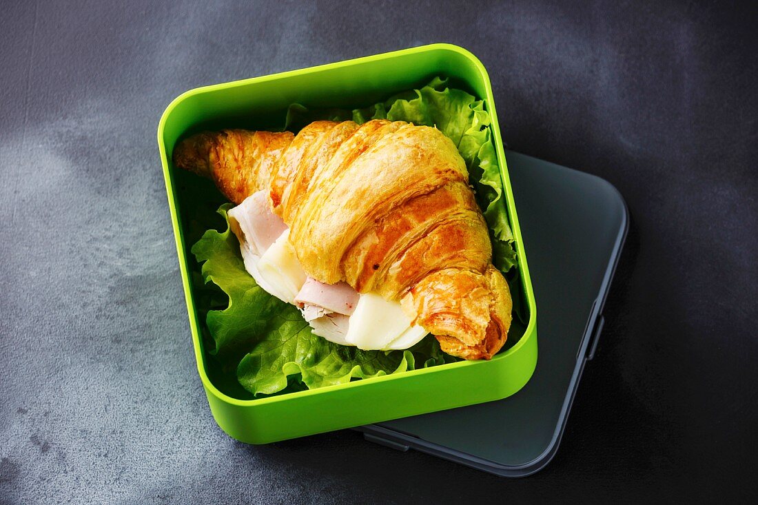 Croissant mit Käse, Schinken und Salat in Lunch-Box vor grauem Hintergrund