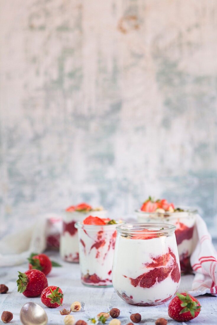 Strawberry, yoghurt, and nut desserts with strawberry and chia seed jam(sugar free)