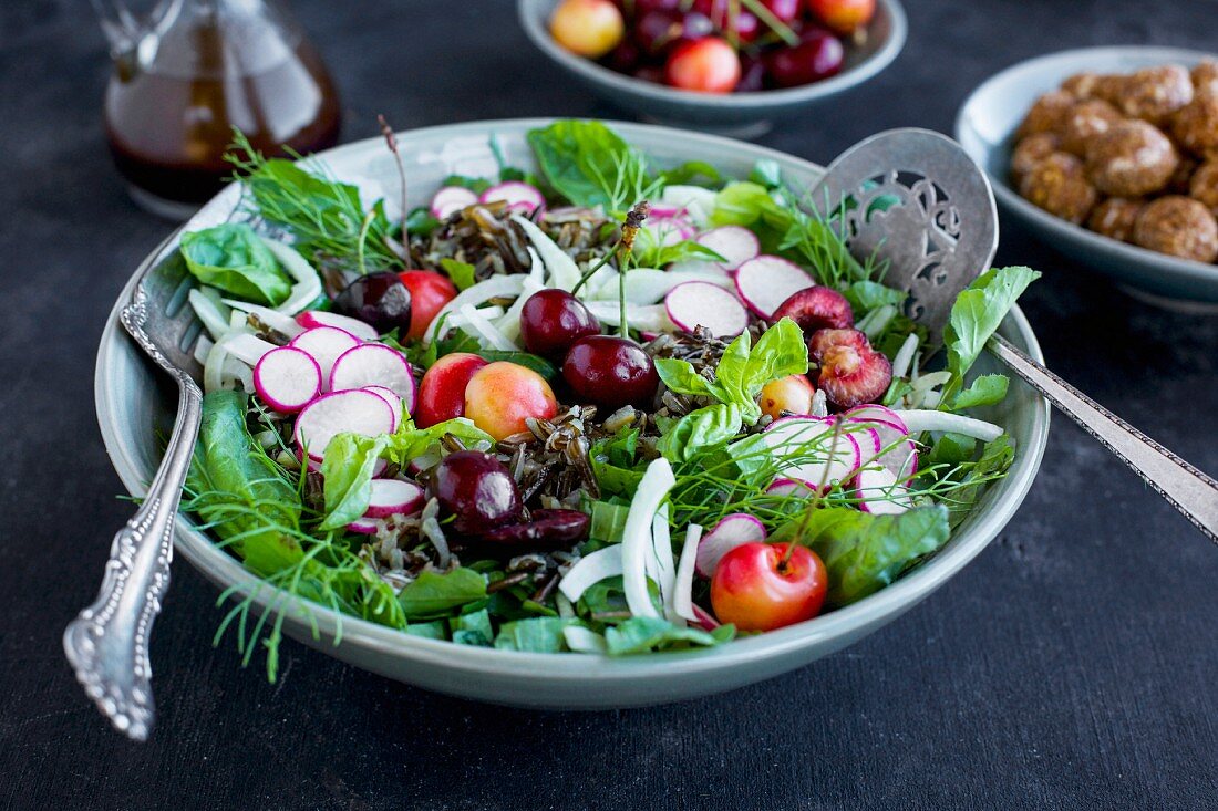 Cherry Wild Rice Salad with Hibiscus Vinaigrette served with white wine