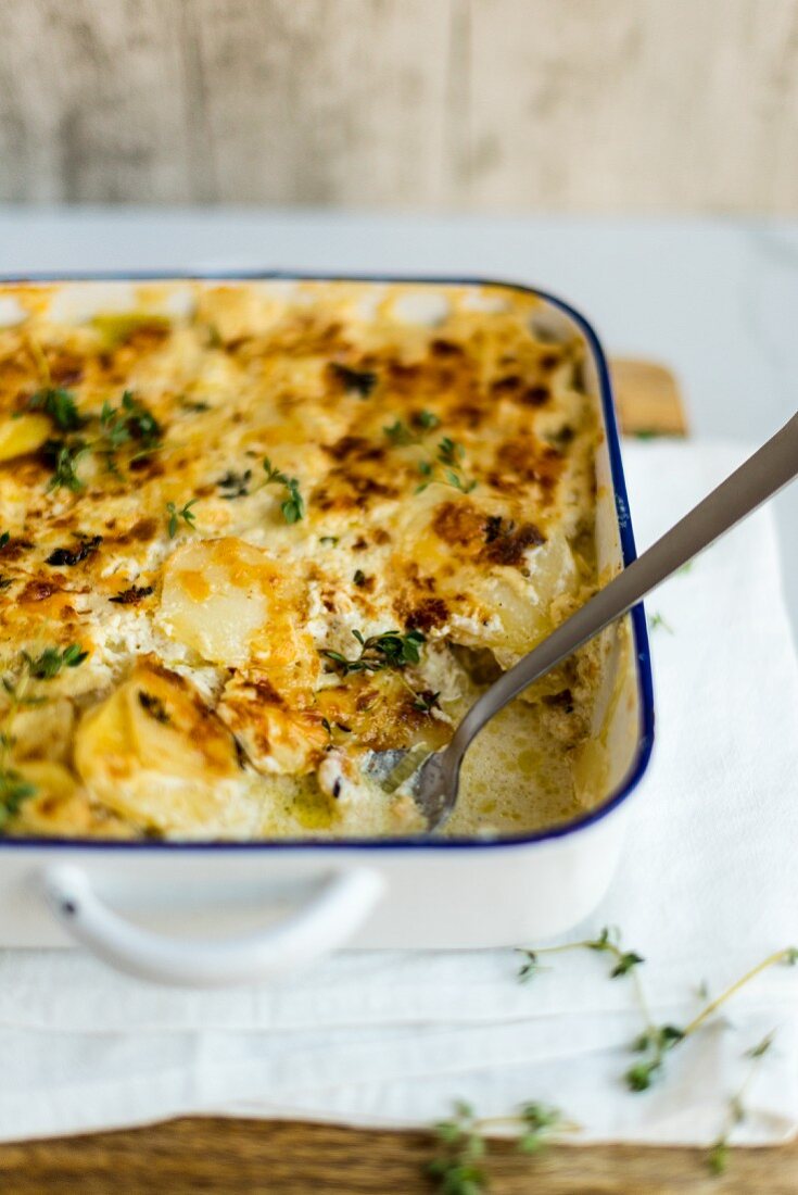 Kartoffel-Pastinaken-Gratin in der Backform