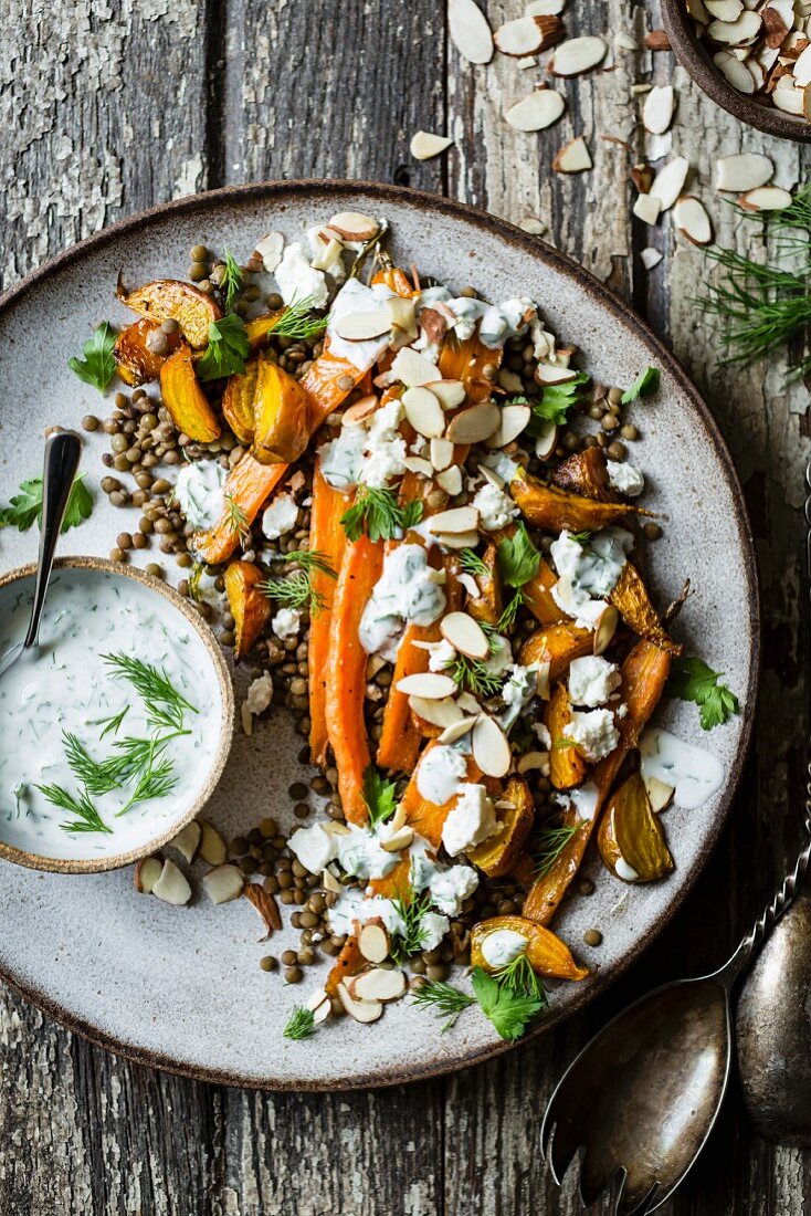 Carrot, lentils and beet salad with feta and herbed yogurt