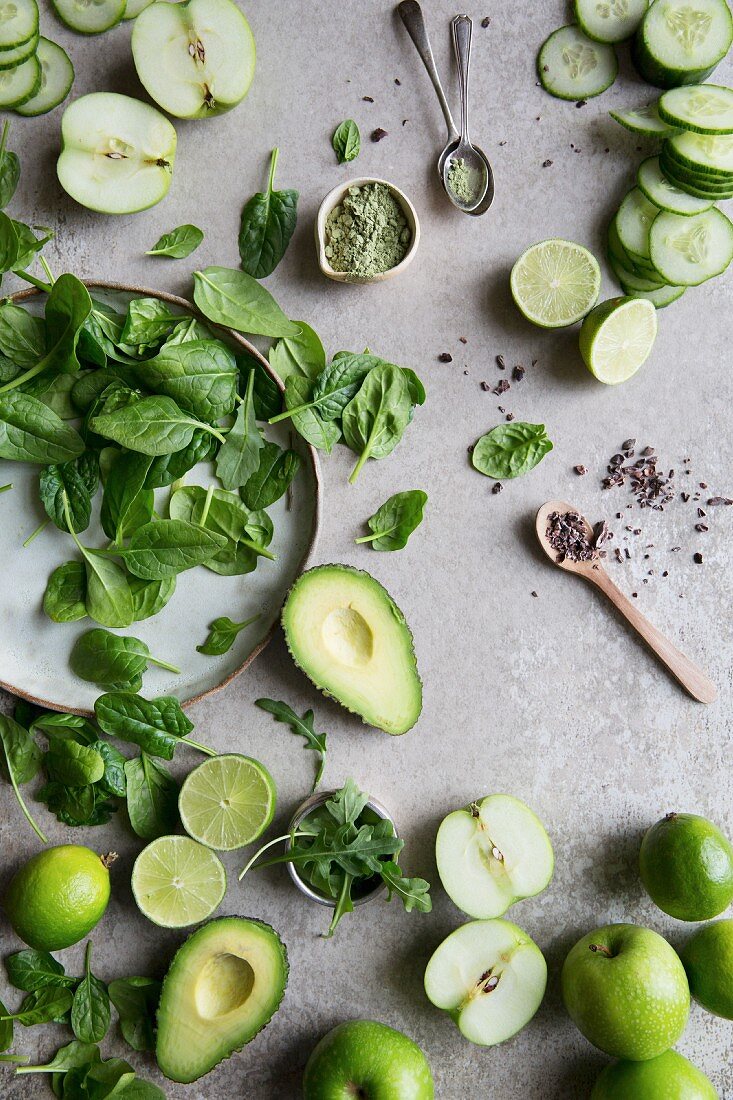 Ingredients for a healthy green match smoothie