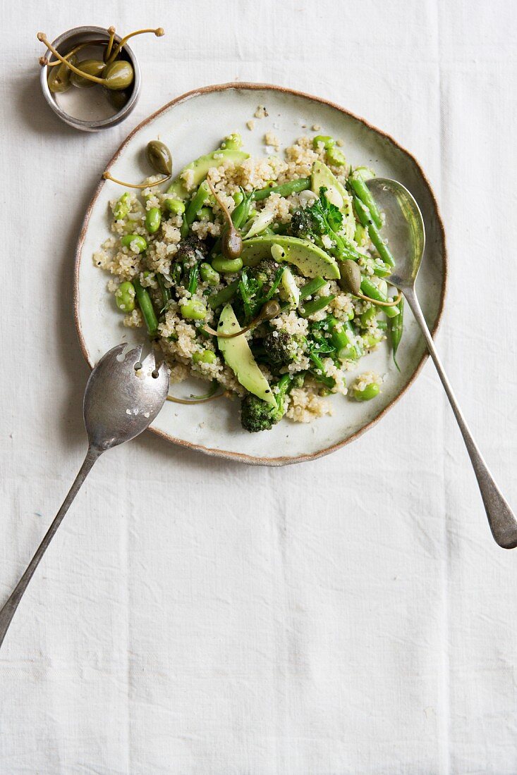 Healthy avocado, beans, broccoli and bulgar wheat salad