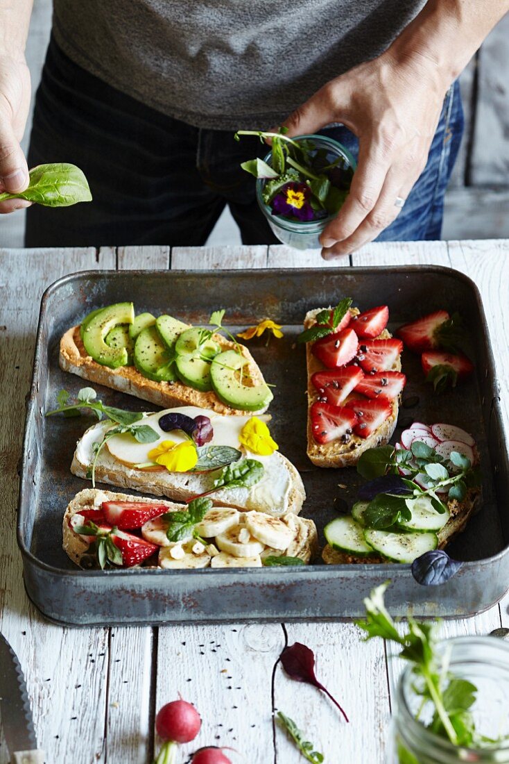 Slices of bread with various toppings