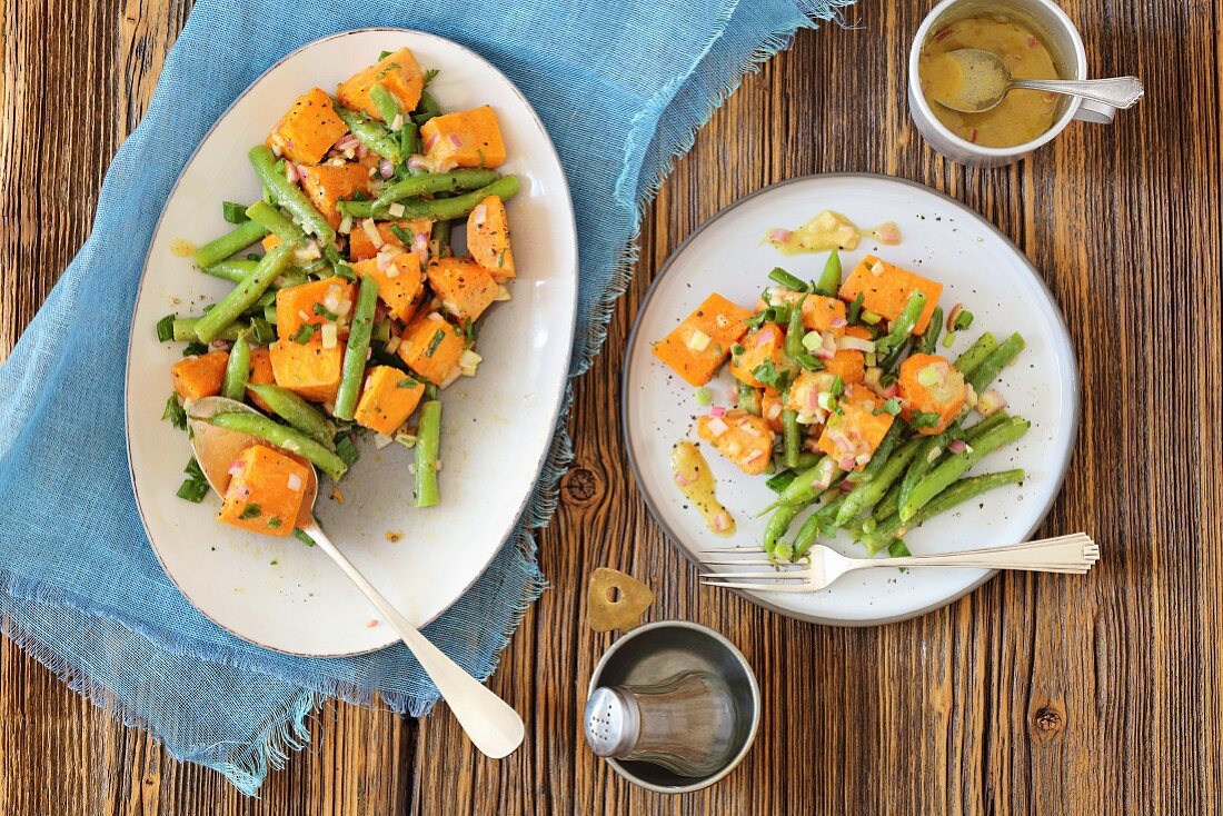 Sweet potato and green bean salad with shallots and musztard vinegrette