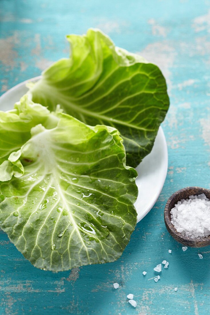 Pointed cabbage leaves and sea salt