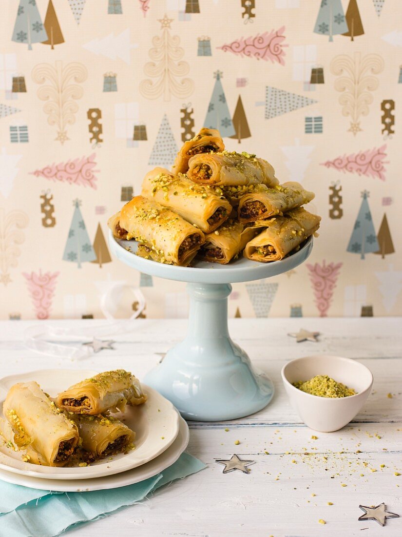 Baklava rolls with pistachios and walnut, with honey (no sugar syrup)