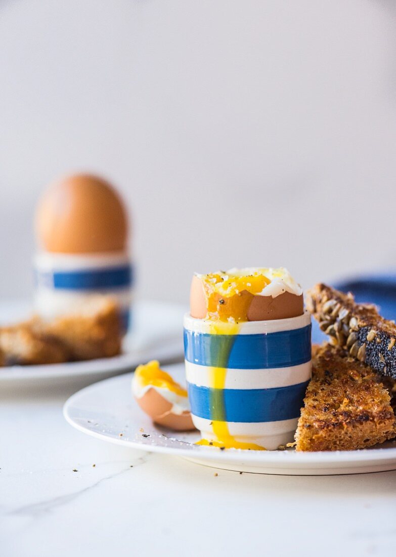 Soft boiled eggs and toast