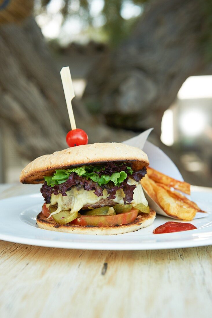 A 'Ponderosa' burger with fries