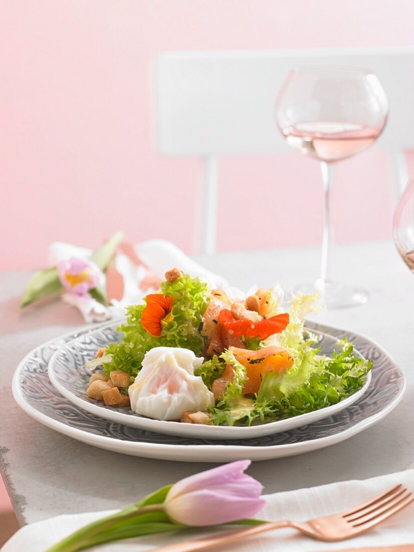Salad with croutons and a poached egg for Easter
