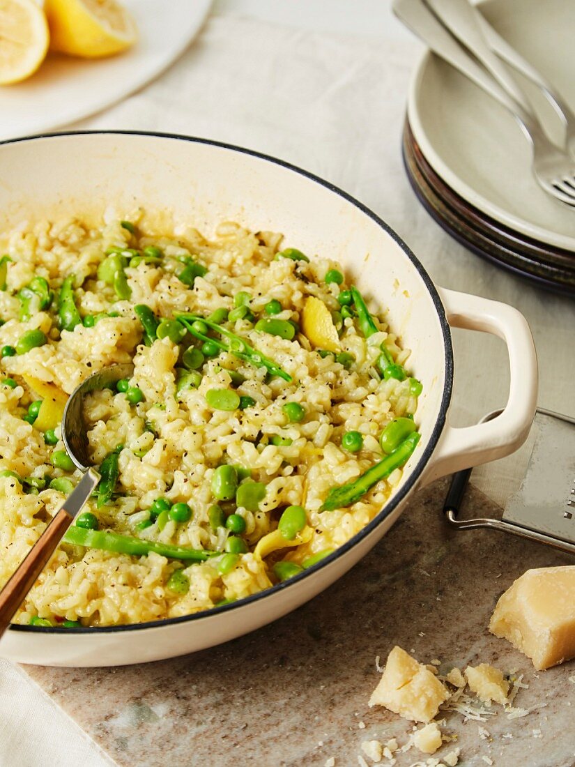 White risotto with sugar snaps, peas and thin sliced asparagus