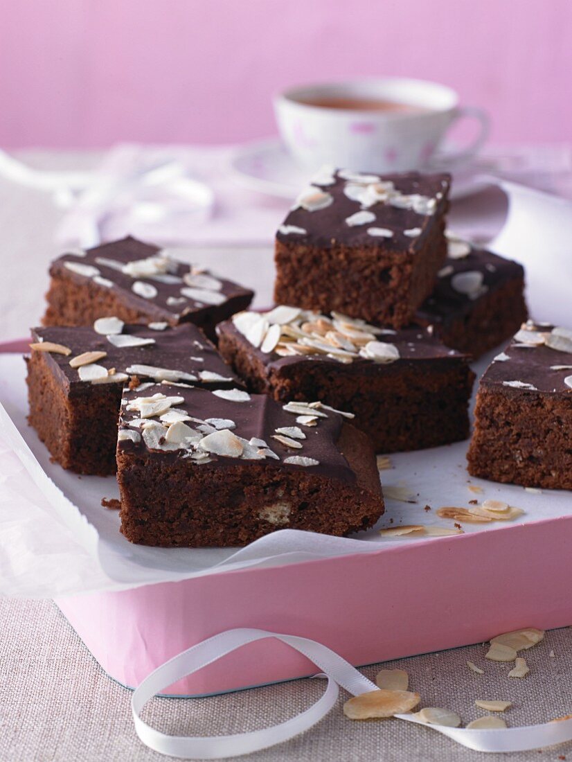 Chocolate cake with almond flakes