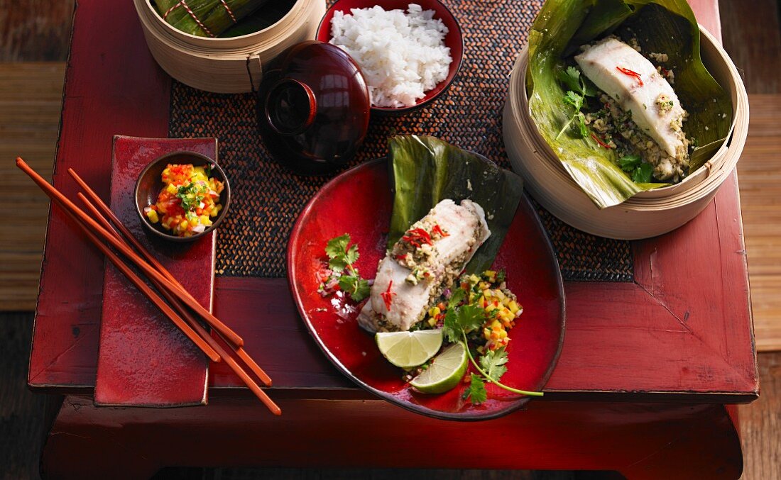 Cobia fillets in banana leaves (Asia)