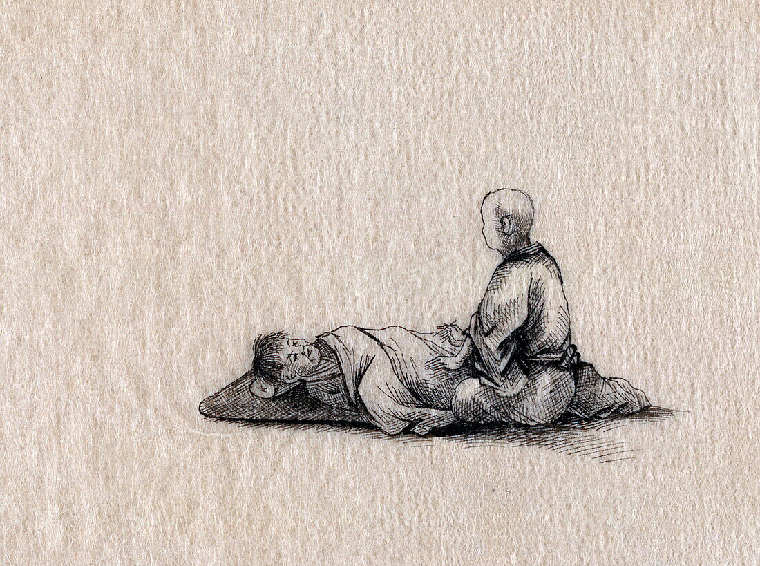 Acupuncturist with patient, illustration