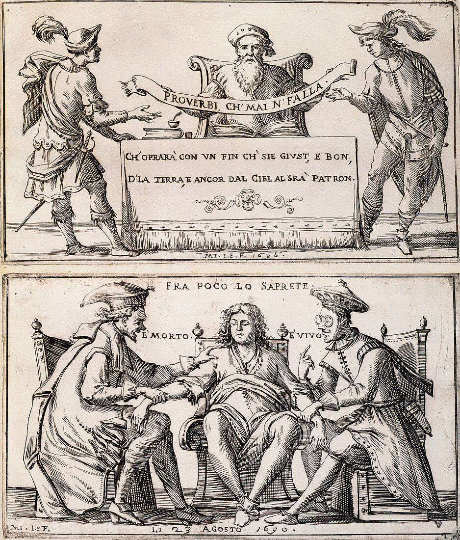 The dispute of the physician, 17th century illustration
