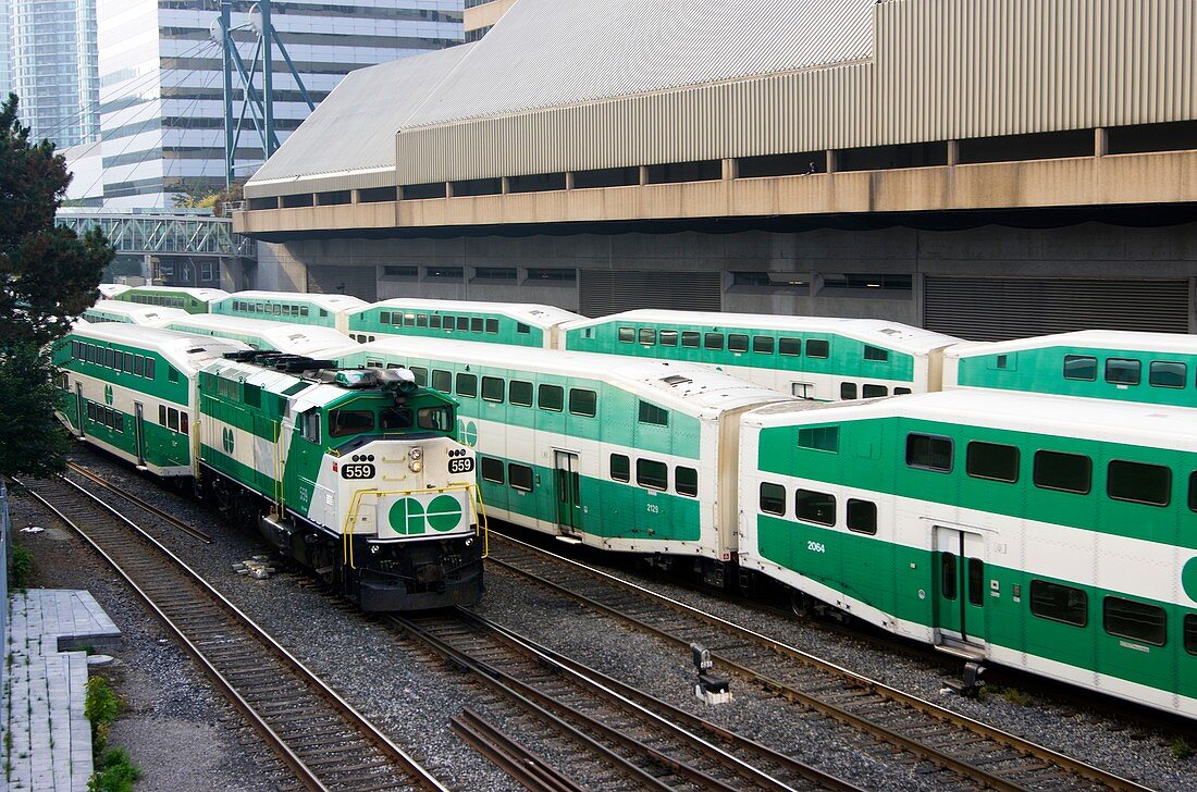 Trains approaching station, Toronto, Canada