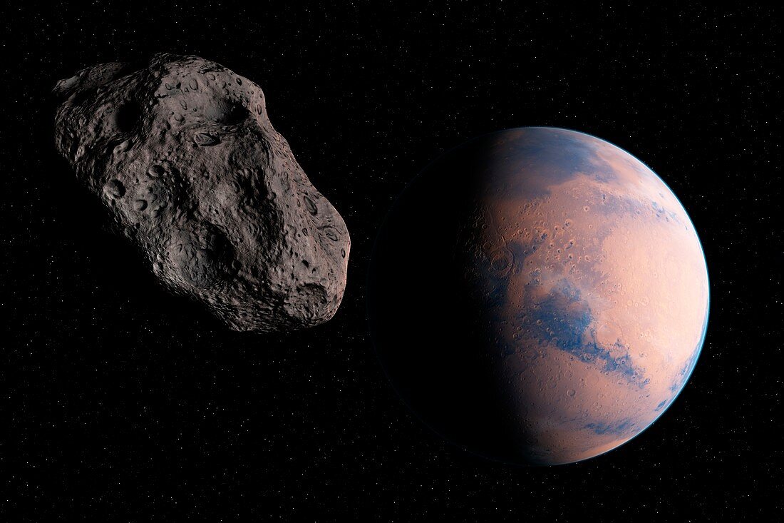 Planet and asteroid in space, illustration