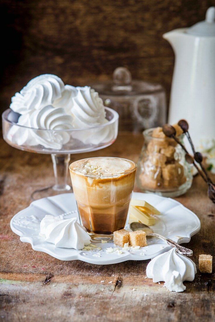 Coffee with whipped cream and white chocolate