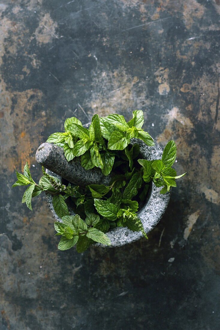 Peppermint in a stone mortar