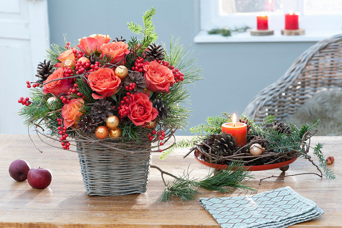 Christmas bouquet of pink (rose), pinus (pine), tsuga