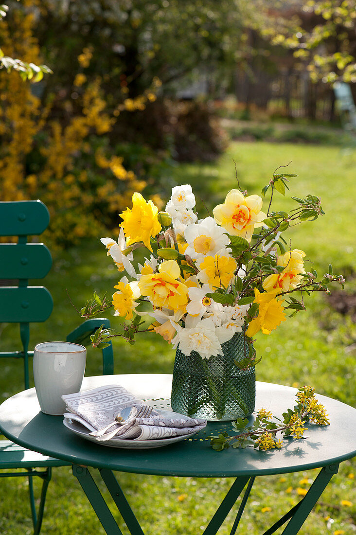 Strauß aus gemischten Narcissus ( Narzissen ) mit Zweigen von Carpinus