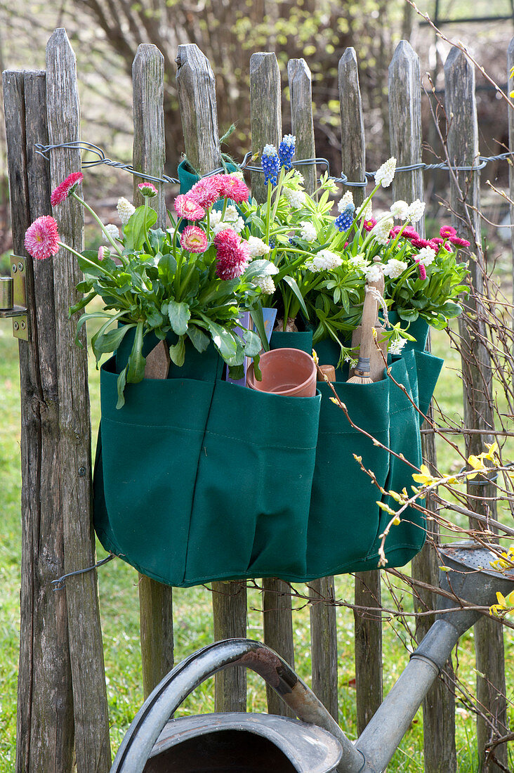 Gardener's bag misappropriated and planted hung on a fence