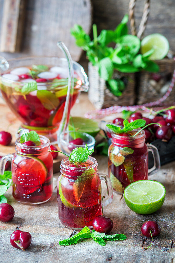 Cherry drink with lime and mint