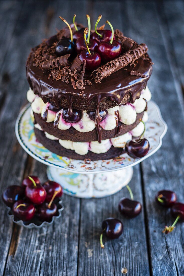 Black Forest gateau on cake stand