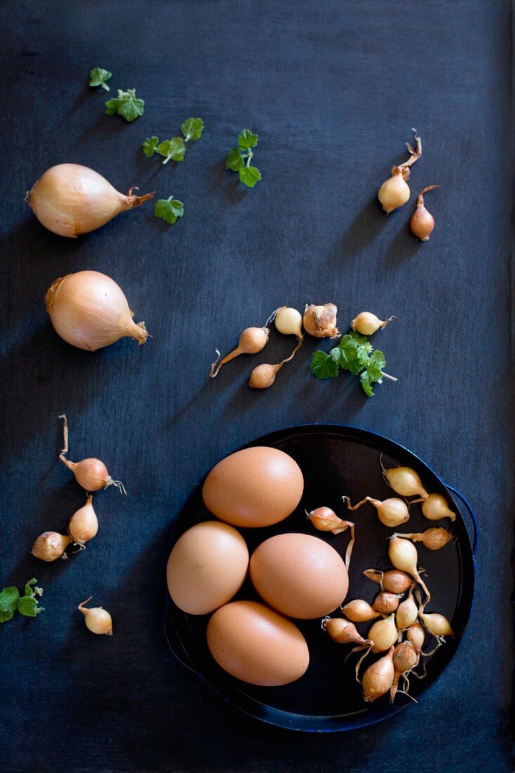 Shallots, eggs and onions
