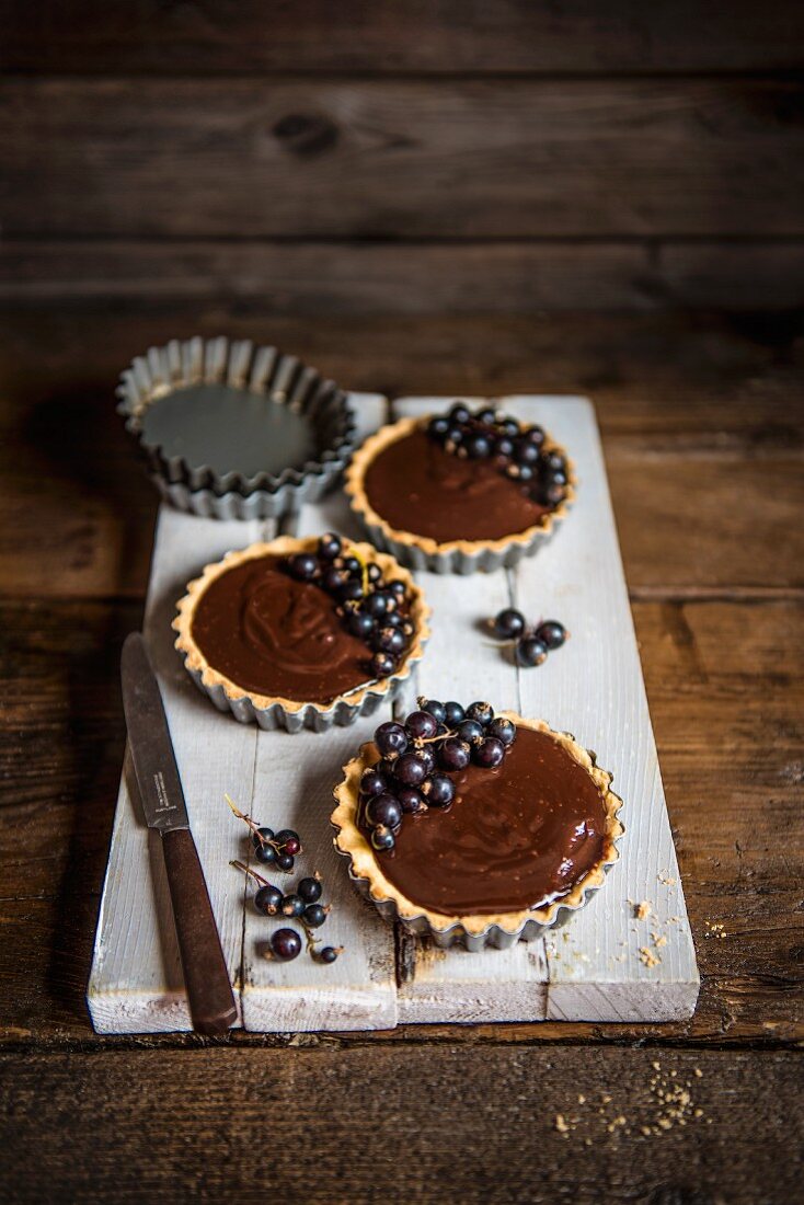 Individual chocolate tarts with blackcurrants