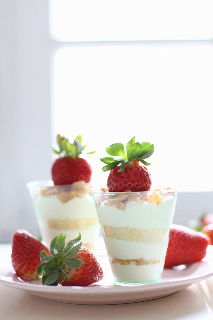 Quark and cream dessert with strawberries