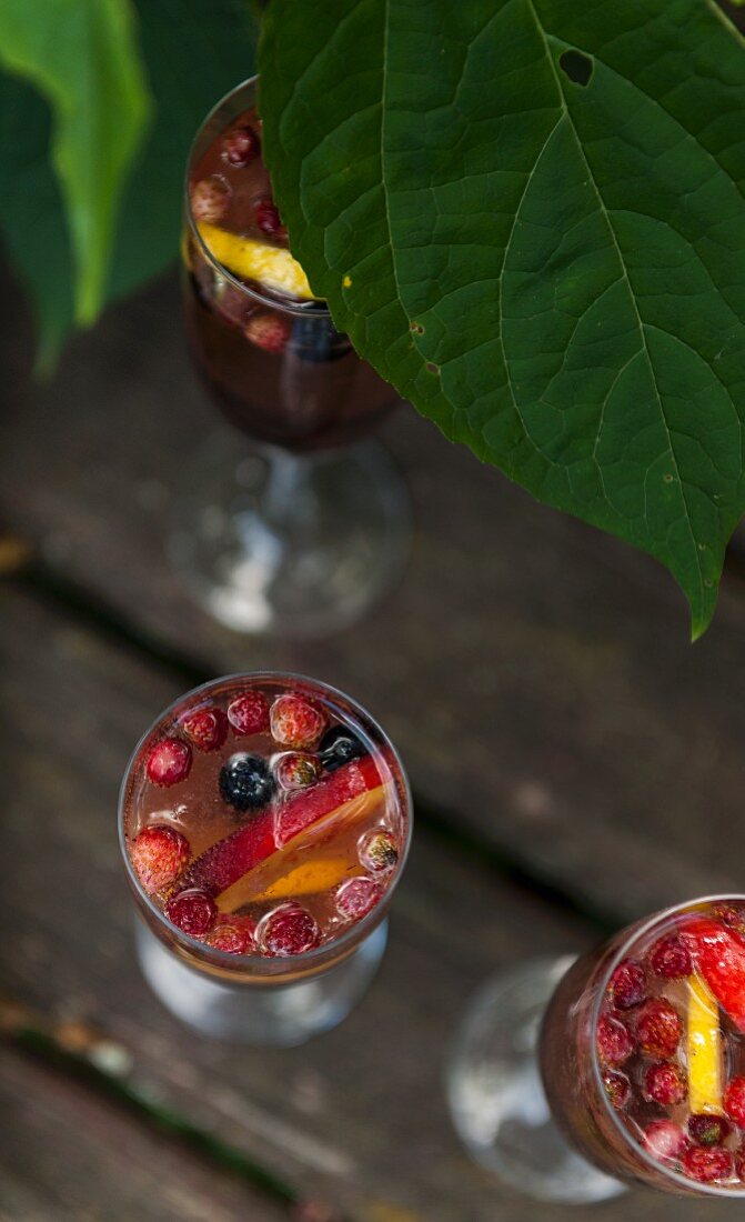 View from the top of glasses with cold fruit drinks for summer