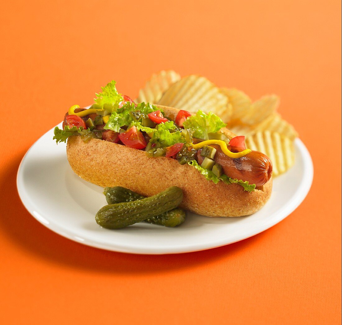 Grilled hot dog in whole wheat bun with relish, mustard, pickles, tomato