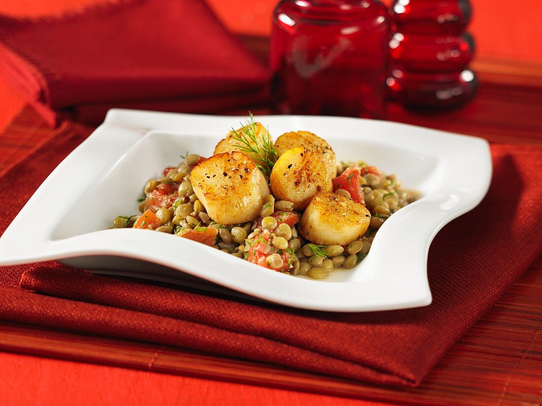 Grilled scallops with lentils