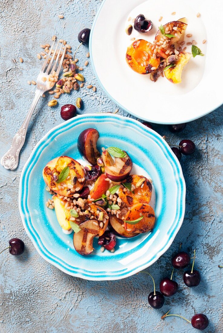 Grilled peaches, apricots, plums, served over greek yogurt with pistachios and barley