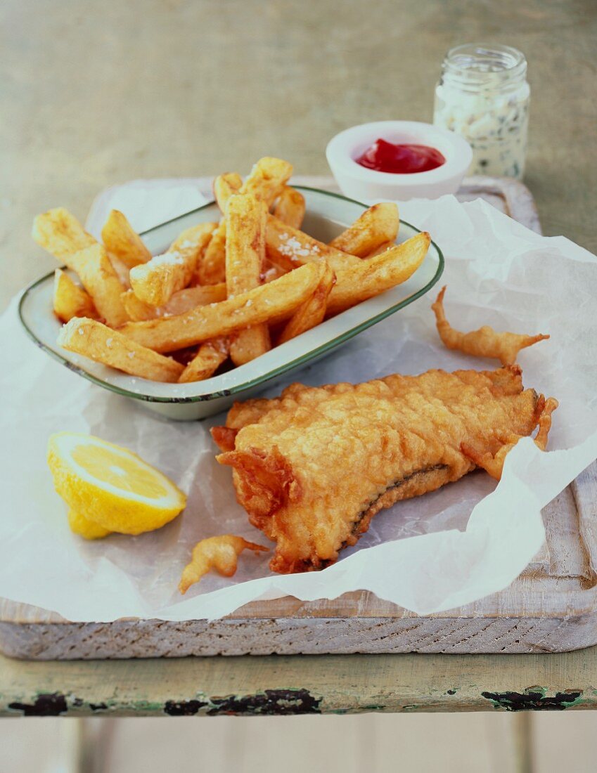 Fish and chips with ketchup