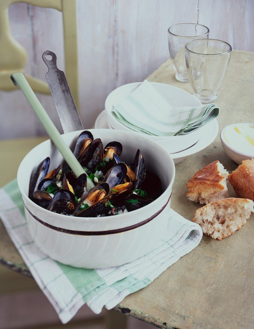 Gedämpfte Miesmuscheln mit Baguette