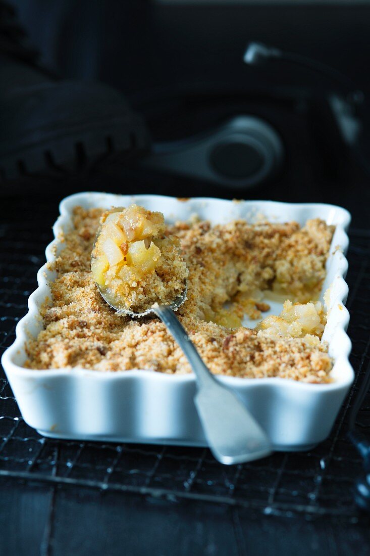 Apple crumble in a baking dish