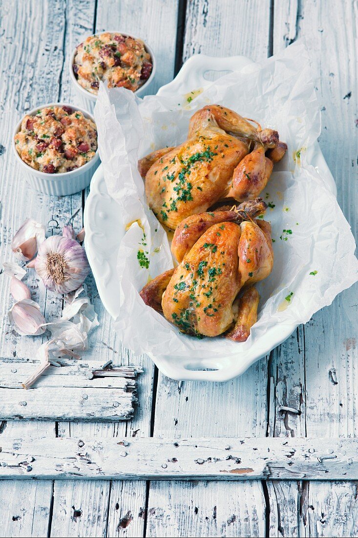 Two roast chickens with baked bread and stuffing