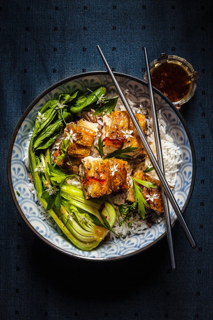 Pork belly with bok choy on rice (Asia)