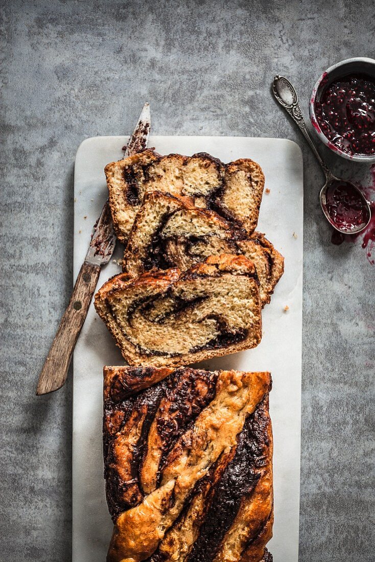 Babka (yeast cake, Central and Eastern Europe) filled with chocolate