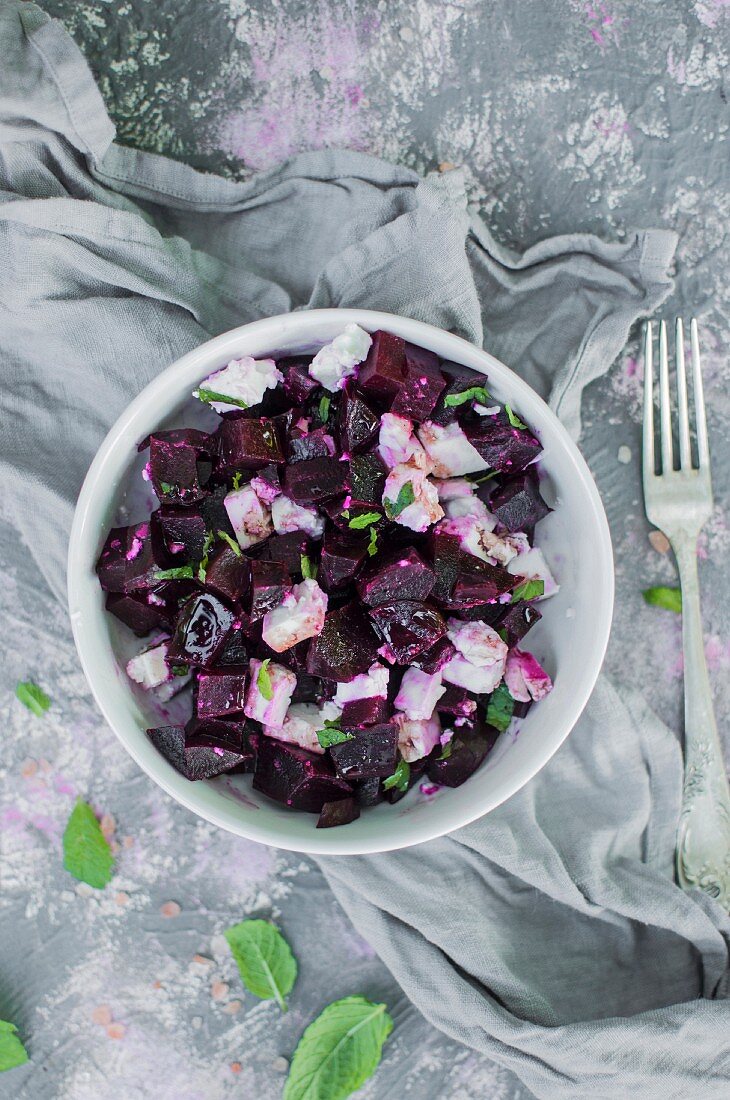 Beetroot salad with feta and mint (top view)