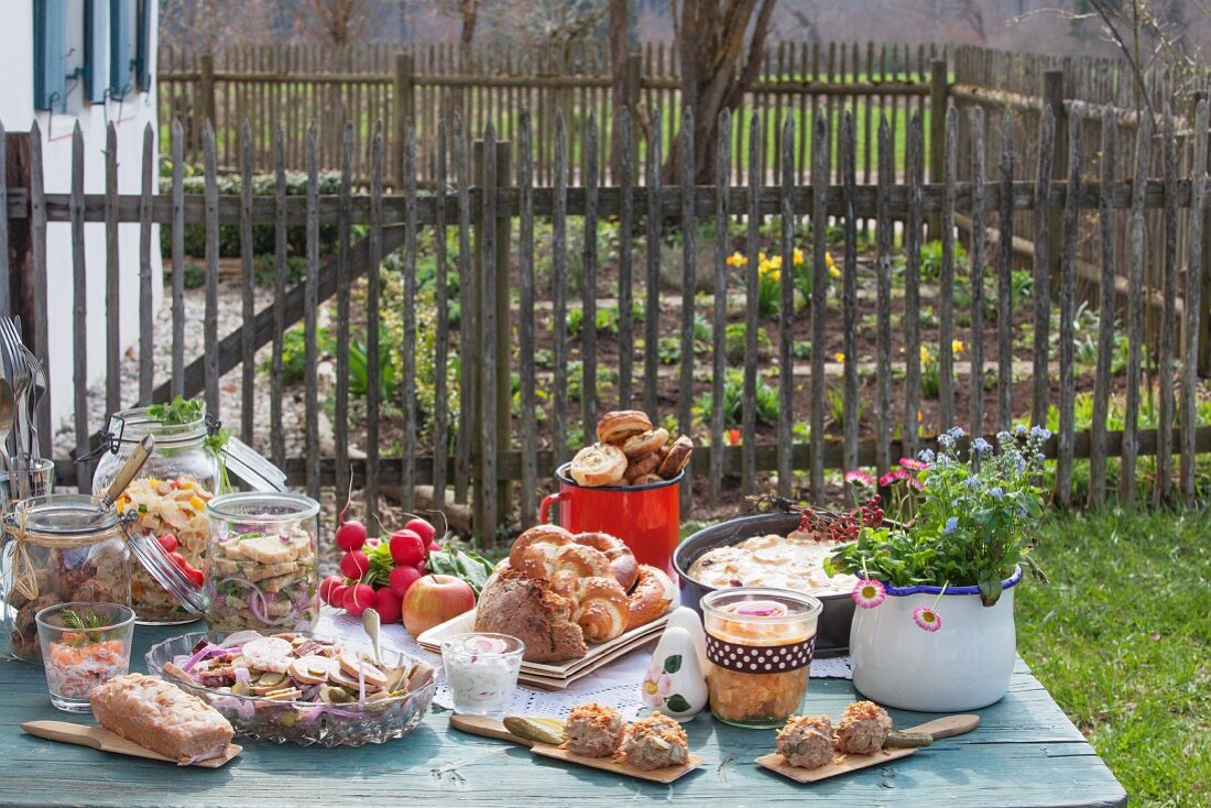 A rustic lunch served in a farm garden