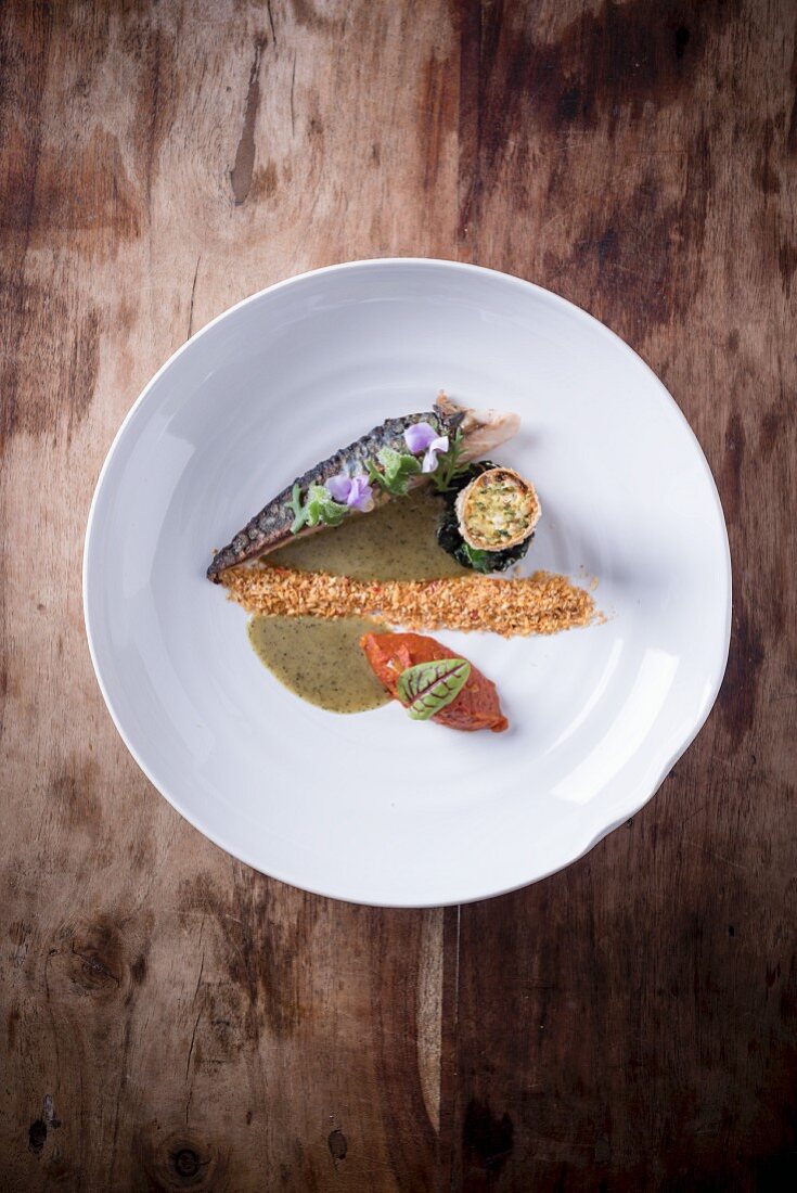 Mackerel with fish croquettes and spinach and coconut sauce
