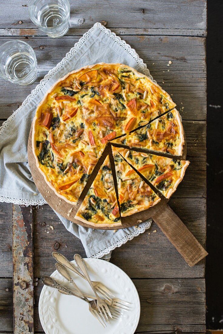 Roasted pumkin and spinach quiche with pinenuts