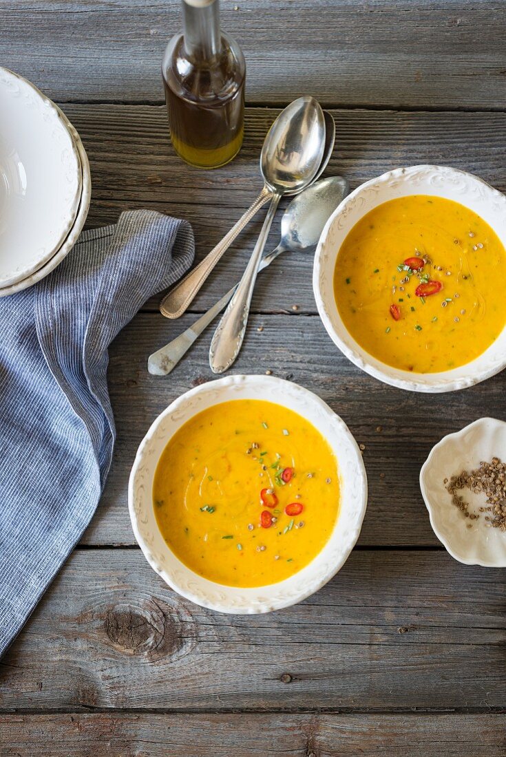 Roasted pumpkin soup with chili and rosemary