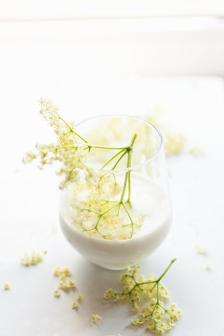 Almond milk being flavoured with elderflowers